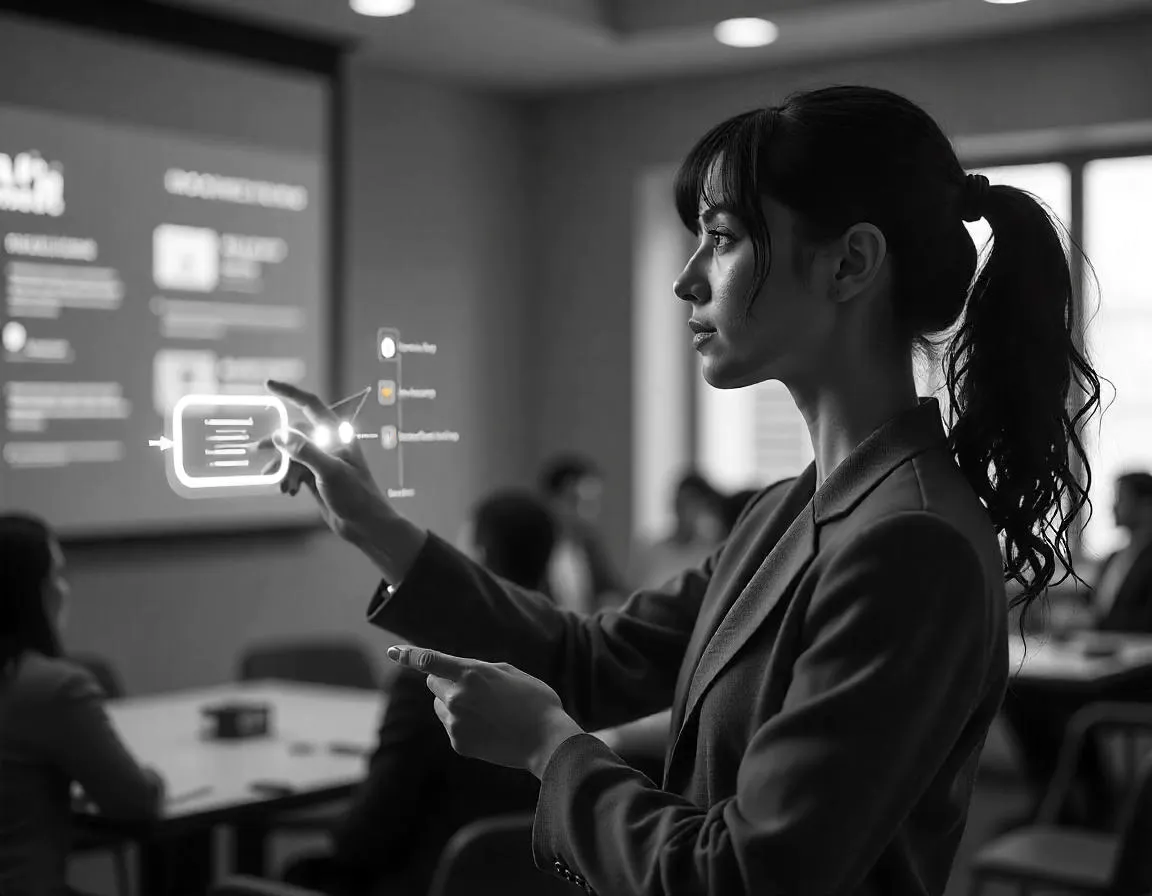 Professionista che utilizza interfaccia digitale a rappresentare il rapporto tra IA e interpretariato umano