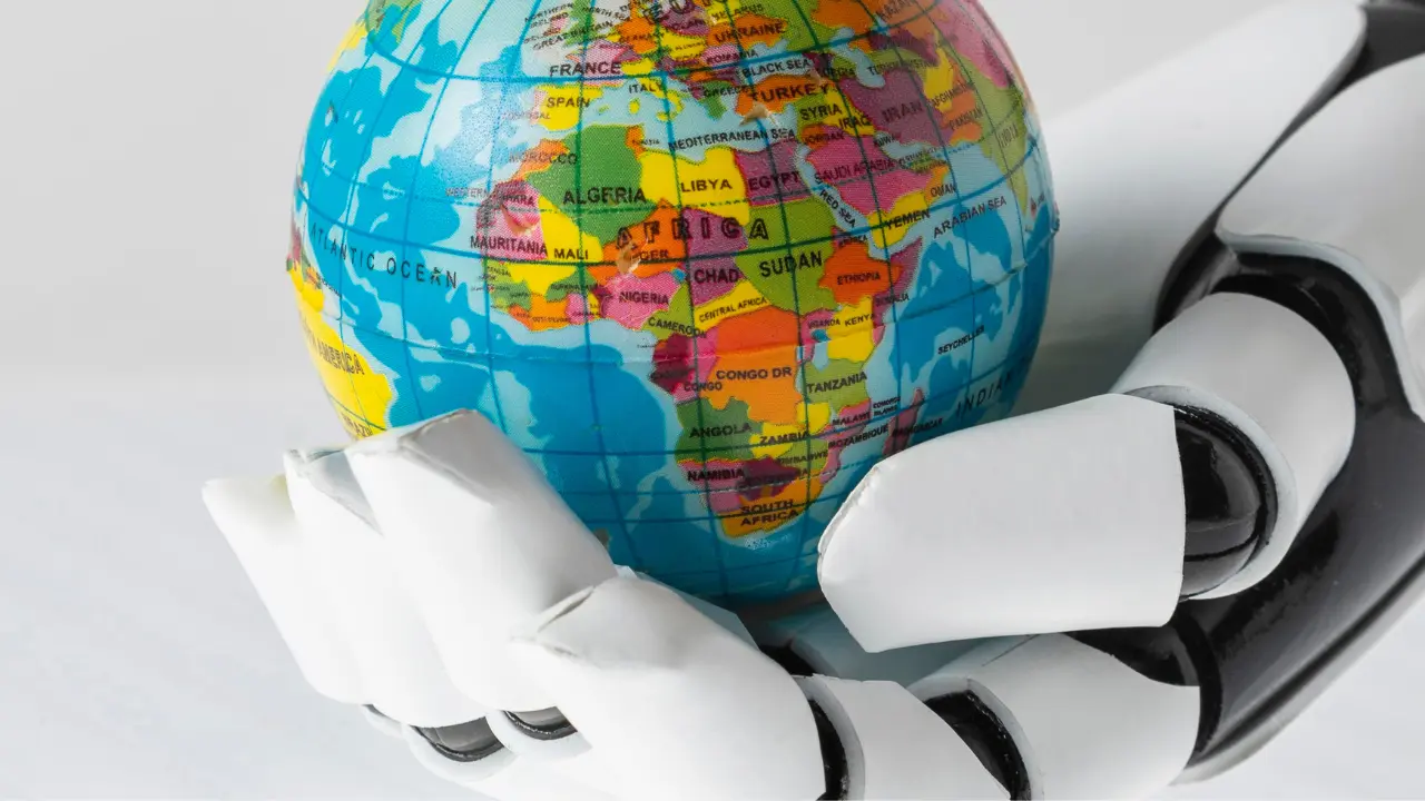 Evoluzione della traduzione automatica con l’intelligenza artificiale Mano robotica che sostiene un globo a rappresentare la traduzione automatica e l’intelligenza artificiale